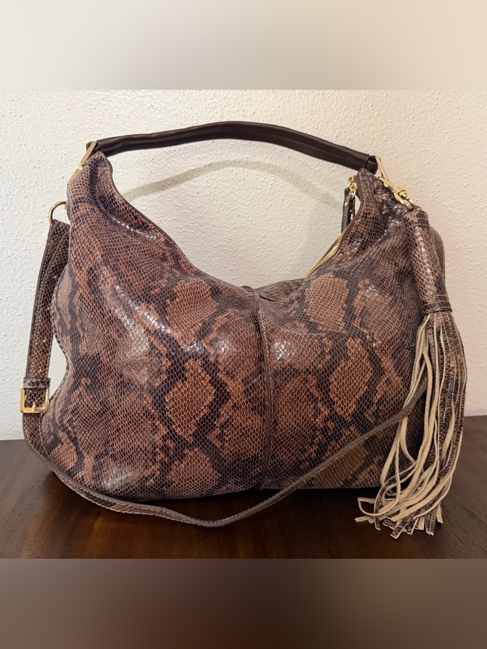 Gilli Brown Snake-Print Hobo Bag with Tassel